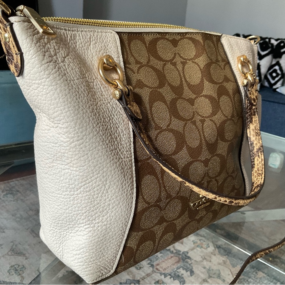 Coach Beige Signature Tote w/ Leather Trim & 40” Removable Strap - Picture 3 of 11